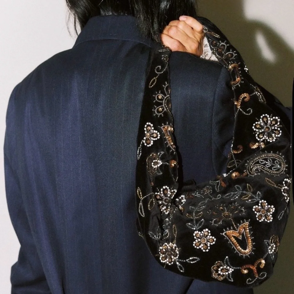 Free People Velvet Bag with Embroidery in Black. Brand new!